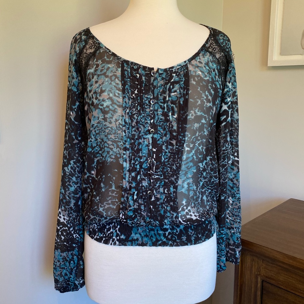 Guess Animal Print Sheer Blouse with Lace Details